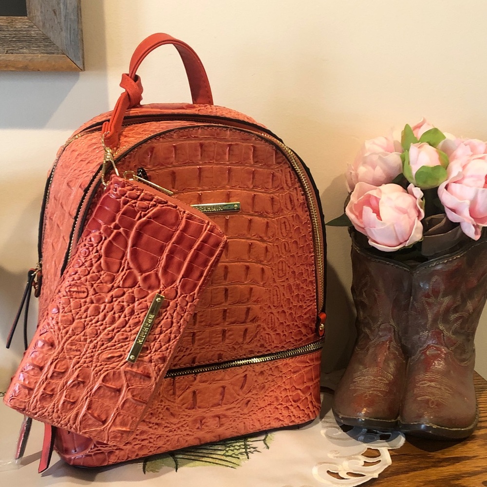 Source Unknown Coral Croc-Embossed Backpack with Matching Wristlet